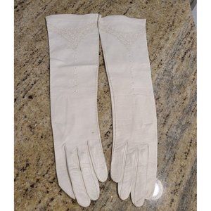 Vtg Size 7 M White Kid Leather 15" Long Opera Gloves Emporium Lace Look Accent